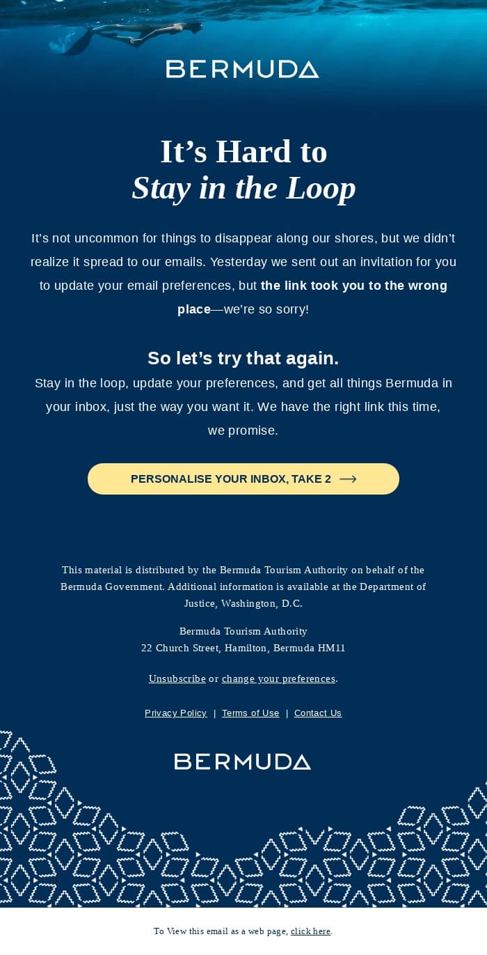 Bermuda Tourism email: Oops! We Sent the Wrong Link