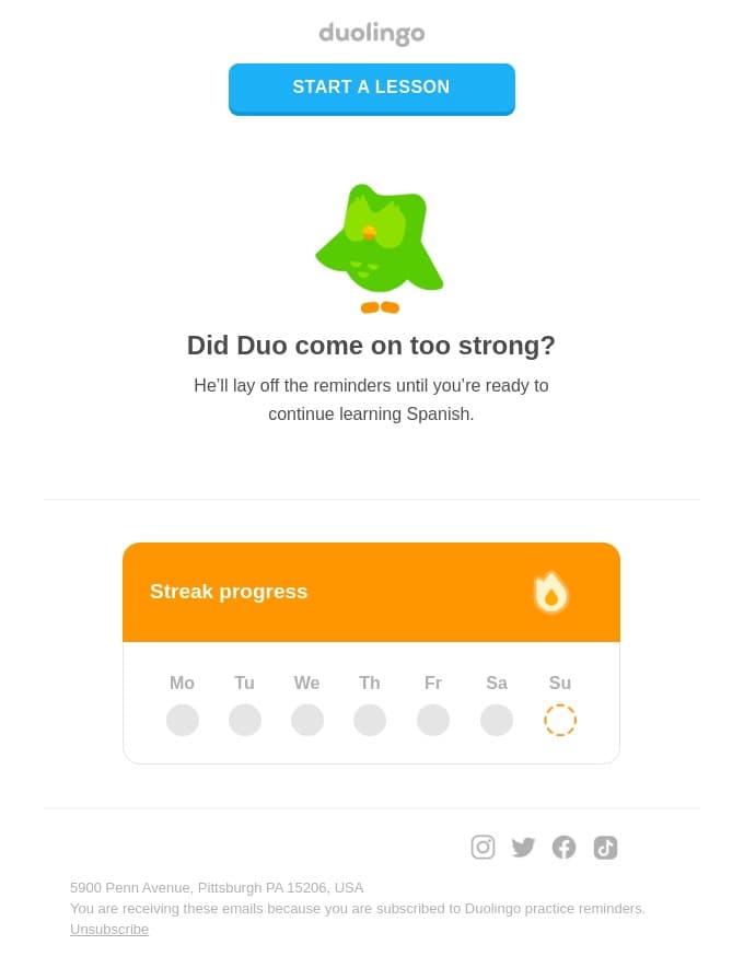 Duolingo email: Did Duo come on too strong?